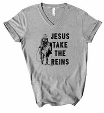 Load image into Gallery viewer, V-Neck Jesus Take the Reins Boutique Tee
