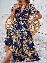 Load image into Gallery viewer, Printed V-Neck Flutter Sleeve Midi Dress
