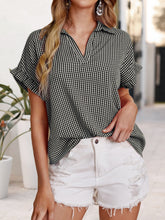 Load image into Gallery viewer, Plaid Notched Short Sleeve Blouse
