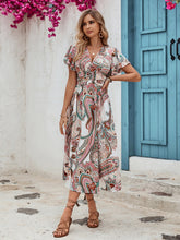 Load image into Gallery viewer, Ruched Printed V-Neck Short Sleeve Dress
